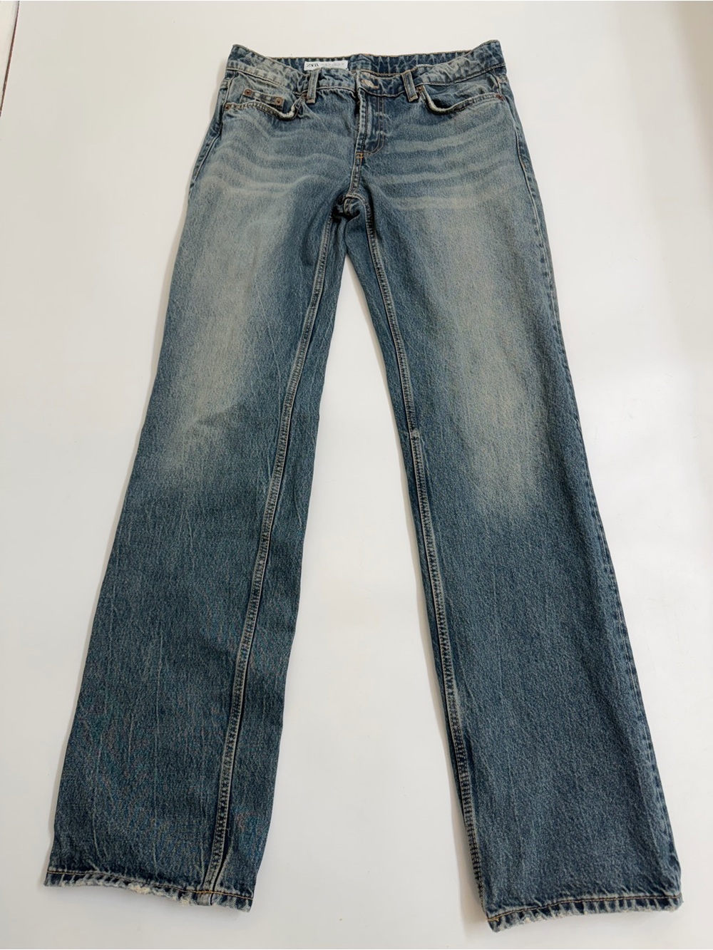Zara 100% Cotton Wide Leg Jeans Light Wash Frayed Hem Tall 34” Inseam US 6
